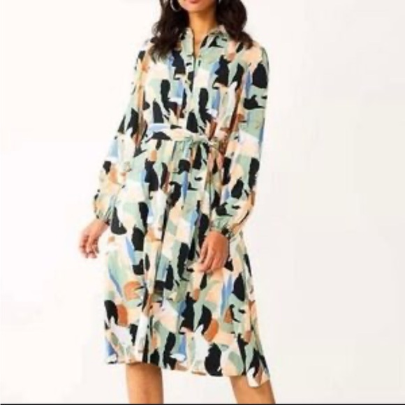 Nine West Dresses & Skirts - Nine West Abstract Print Tie Waist Midi Shirt Dress Size Large